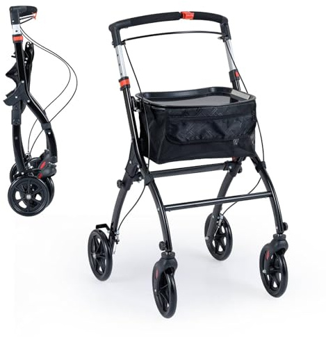 GYMAX Folding Rollator Walker for Elderly, 4 Wheel Narrow Walking Aid with Removable Tray, Basket and Brakes, Adjustable Lightweight Rollator for Disabled (Black)