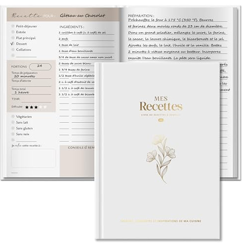 BIROYAL Carnet de Recettes à Remplir A5 avec Table Substituts, Gris | Papier Épais 120g, 100 Recettes Vierge, 2 Pages par Recette, Avec Table de Conversion & Calendrier Saisonnier