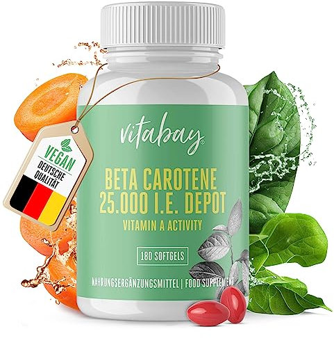 Vitabay Beta Carotin Depot Bräunungskapseln - 180 Vegane Softgels mit 25000 I.E - Vorstufe von Vitamin A Hochdosiert -Carotin Kapseln hochdosiert Bräune Karottensaft Karotin - Laborgeprüft