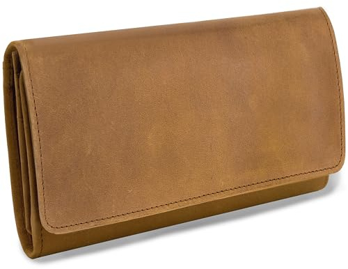 URBAN FOREST, Cntmp, Leder, Damen Geldbörse, Damen Portemonnaie, Damen Börse, Brieftasche lang, Überschlagsbörse, Querformat, Echt Leder, Natur-Leder, 20x10x3cm (BxHxT), Farbe:Cognac