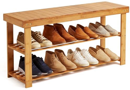 Hododou Shoe Rack 2 Tier Shoe Storage Bench Wooden Shoe Rack with Seat for Hallway Entryway Living Room Bedroom, 90 x 27 x 42cm, Natural Bamboo, Max Load Capacity up to 100KG