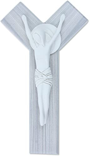 Generico Croce Y. Crocifisso Y da Muro in Legno Chiaro con Cristo in Resina Bianca. Dimensioni: cm.17. con Elegante Scatola Regalo Bianca