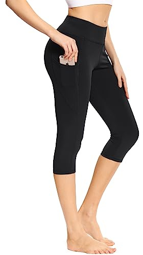 adorence Legging Court Femme, Legging de Sport Capri (Taille Haute, Doux, Opaque) Pantalon 3/4 Yoga avec Poches - Noir, M