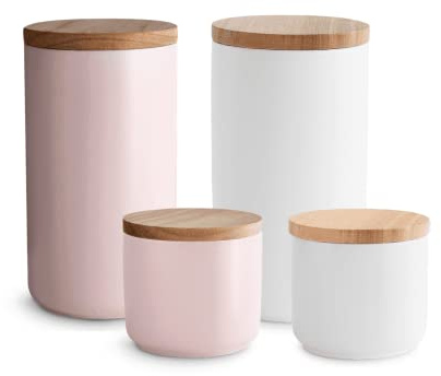 SPRINGLANE Keramik Vorratsdosen mit Holzdeckel Sweet Scandi, Kautschukholz-Deckel, Aufbewahrungsdosen, Frischhaltedosen - 1x Weiß: 10x9cm (2x Weiß - 2x Rosa, 4 Stück)