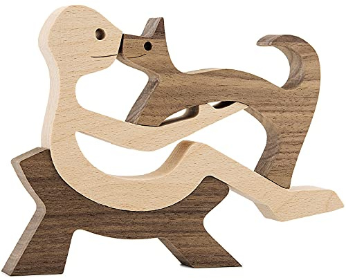 KINGNOW Animal Decor Wooden Statue Man and Cat Figurines Decor Carved Wood Decorative Sculpture