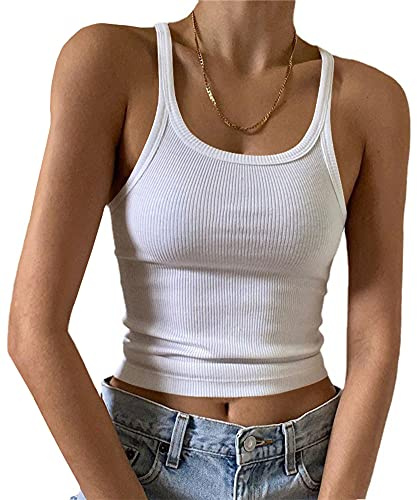 Artfish Women's Sleeveless Tank Top Form Fitting Scoop Neck Ribbed Knit Basic Cami Tight Fitted White S