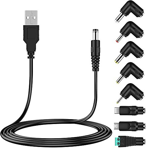 Bouge Universal 5V USB auf DC 5,5 x 2,1 mm Kabel Stromkabel, Ladekabel mit 8 Anschlüssen 5,5 x 2,5, 4,8 x 1,7, 4,0 x 1,7, 3,5 x 1,35, 2,5 x 0,7, Micro, USB C, Telefon, Tablet und mehr