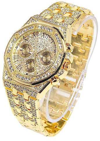 Halukakah Diamant Golduhr Iced Out, Männer 18k Echtgold Plattiert 20mm Breite Quarz Armband 22cm, Kommt mit Geschenkbox