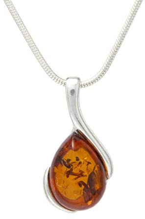 LIGURIUS NATURAL BALTIC AMBER STERLING SILVER 925 NECKLACE Cognac Small PENDANT Gemstone For Women & Silver Adjustable CHAIN Snake 45cm - 50 cm, Gift set