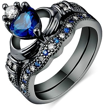 OIDEA Paire de bagues en acier inoxydable couronne avec strass bleus en forme de cœur - Bague de mariage classique avec zircone cubique - Pour hommes et femmes - Taille 50-71, Zircone cubique