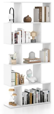 COSTWAY Scaffale in Legno a 5 Ripiani, Libreria Scaffale a Forma di S con Dispositivo Antiribaltamento, Divisorio per Soggiorno Ufficio Camera da Letto, 70 x 23,5 x 158 cm