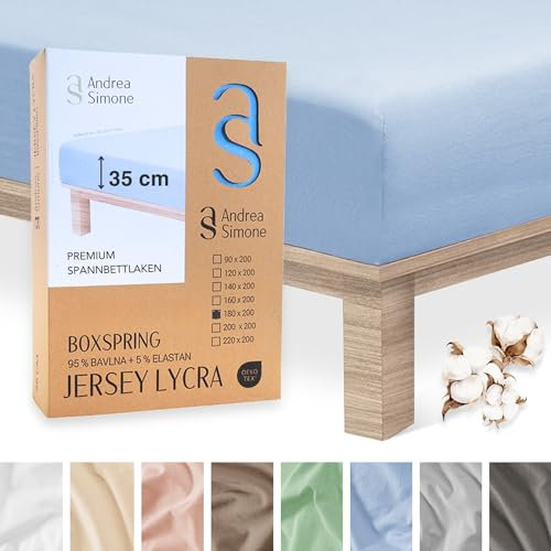 Andrea Simone Premium Spannbettlaken 120x200cm | Bettlaken 120x200 | Spannbetttücher auch für Boxspringbett, bis 35cm, 95% Baumwolle + 5% Lycra, Blau Spannbetttuch, 185 g/m², Jersey 120 x 200