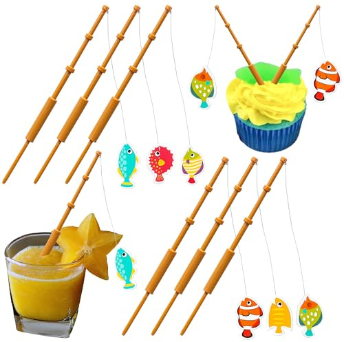 Ephlyn 6pc Mini Fish Pole Decoration Set - Little Fisherman Fishing Pole Picks, Cake Topper & Themed Party Supplies