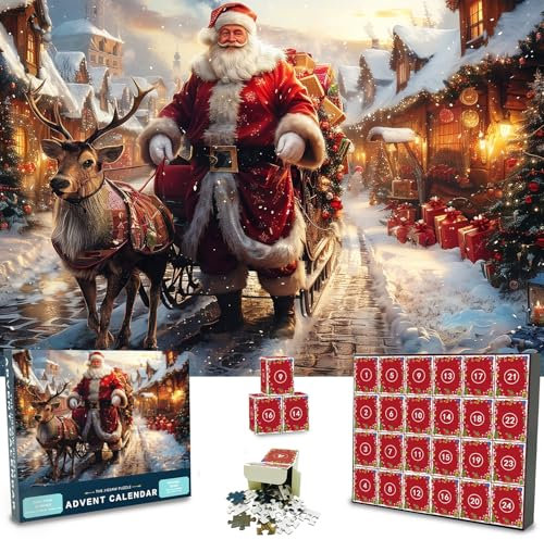 2024 Weihnachts Adventskalender Puzzle für Kinder und Erwachsene, 24 Schachteln mit 1008 Teilen, Weihnachtsmann Puzzle, Countdown Kalender, Weihnachtsspiel Geschenk Wanddekoration, 52 cm x 75 cm