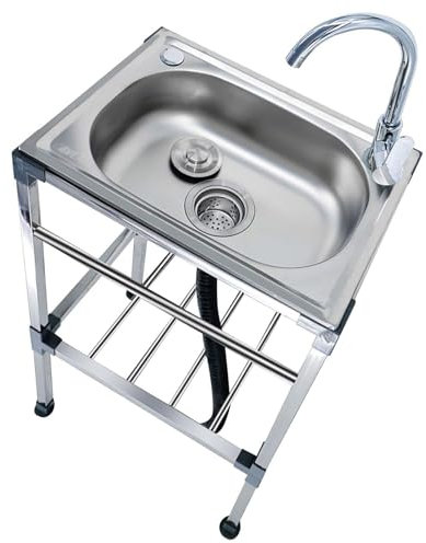 Small Kitchen Sink, Single Bowl Stainless Steel Sink, freestanding Commercial Sink with hot and Cold Water taps for Bars, garages, Outdoors (48x35x83cm)