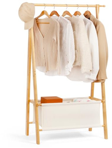 Relquorax Bamboo Clothes Rack with Storage Box, Portable Extra Large Garment Rack Clothing Rack, Foldable Wardrobe For Entryway and Bed Room (M)