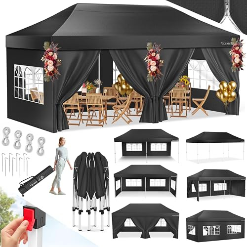 KESSER® Hopfällbar paviljong, justerbar höjd och vattentät, popup-klicksystem, UV-skydd 50+, festtält med 6 avtagbara sidoväggar, trädgårdstält, med rullbar väska och markankare, 6 x 3 m, svart