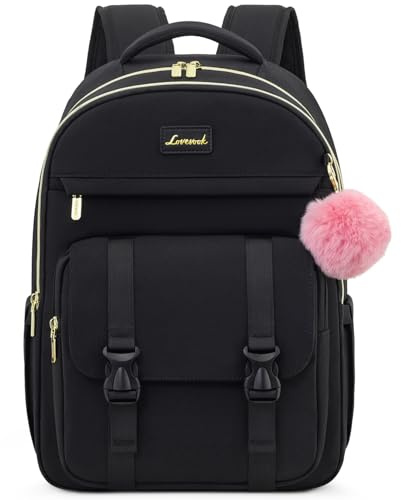 LOVEVOOK School Backpack for Teen Girls, Student Backpack Purse for 14-16 Teenage, Cute Kid Bookbag, Back to School Backpacks Fit 15.6 Inch Laptop, Large College Travel Bag, Black
