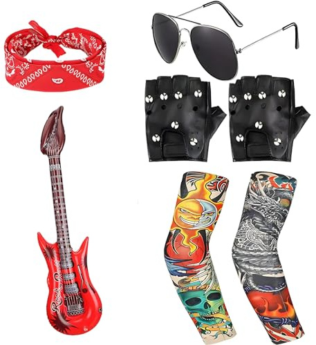 Kit di 7 accessori per costume da rockstar per bambini – Set di costumi Rockstar con chitarra gonfiabile, occhiali da sole, guanti, fascia e maniche – Punk Heavy Metal Dress Up per ragazzi ragazze