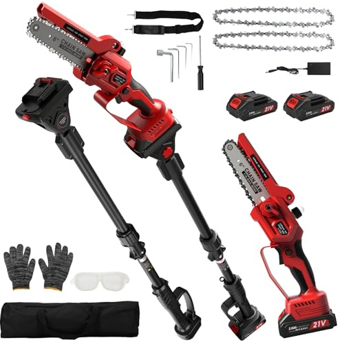 2-in-1 Cordless Pole Saw & Mini Chainsaw with 2 X 2.0Ah Batteries, 6 Inch Brushless Electric Chainsaw for Makita 18V Battery, Extend Pole to 2 m, 180° Adjust Head, for Tree Branch Trimming Cutting