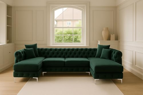Sofaya U-Shaped Chesterfield Sofa – Deep Button Tufted Sectional with Chaise, Cushions & Chrome Legs – 4–5 Seater Upholstered Couch for Living Room (Green Plush, U-Shape Sofa)