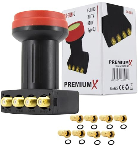 Premium X Quattro LNB - 4Fach - Extrem Hitzebeständig - nur für Multischalter - 4K Full HD - mit Wetterschutz für Satellitenschüssel Sat Multiswitch Digital - Schwarz - inklusive 8X F-Stecker