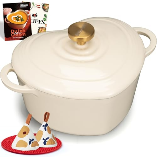 Overmont Enamelled Cast Iron Dutch Oven - Heart-Shaped Casserole Dish with Lid - 2QT Mini Pot, Oven Safe to 500°F for Baking Bread, Soups & Stews - Gift for Wedding Birthday Housewarming, White