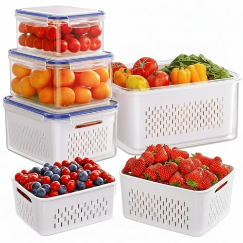Fresh Food Storage Containers for Fridge - 3 Pack Fridge Storage Container with Drain Baskets - 4 In 1 Airtight Vegetable Storage Container for Salad Fruit Vegetables Meat Keeper Fresh (Blue)