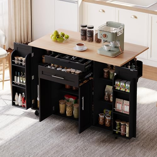 Ktipm Isla de Cocina Móvil con Mesa Plegable y 5 Ruedas, Isla Cocina con 2 Cajones y 4 Puertas, Armarios de Cocina con Estante Ajustable y Toallero, Kitchen Island, 136x45-70x92 cm, Negro+Natural
