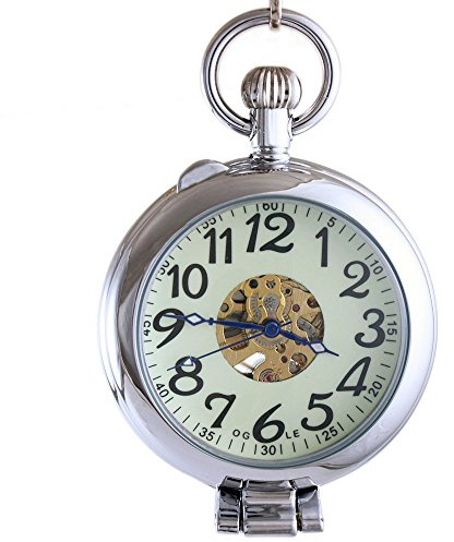 Ogle Loupe Argentée Étanche Chaîne Lumineuse Fob Montre de Poche Mécanique Squelette Automatique à Remontage Automatique Half Hunters (Argent Lumineux)
