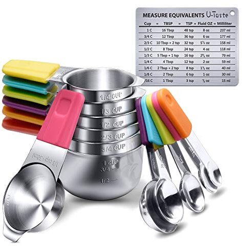 U-Taste Magnetische Messbecher und Messlöffel 13 Stück aus 18/8 Edelstahl: 7 Cup Messbecher und 5 TL/EL Dosierlöffel und 1 Professionellen Umrechnungstabelle für Magnetische Messungen (Mehrfarbig)