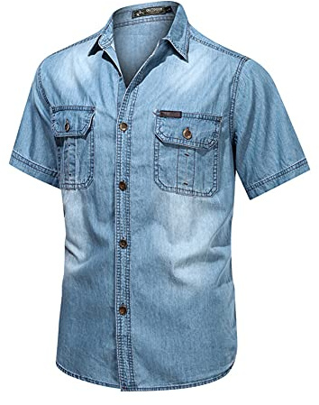 GUOCU Casual Chemise en Jean Chemise à Manches Courtes Slim Fit Chemise Boutonnée pour Hommes Denim Chemise Décontracté Haut D'été Rétro Grande Taille Chemisette Coton