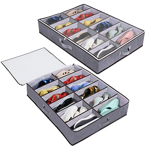 Nwvuop 2 Pack Under Bed Shoe Storage Organiser Box with Clear Lid Foldable Under Bed Shoes Bag, Fits 24 Pairs Grey