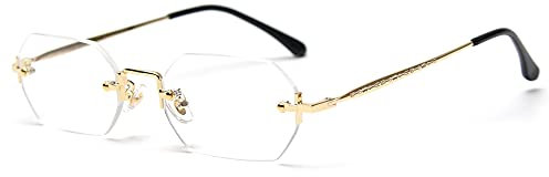 LIGOES Gafas de sol rectangulares para hombre, sin marco, octogonal, pequeñas gafas para mujer, metal, dorado, poligono, azul, marrón, UV400, Gold With Clear,