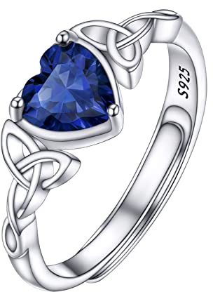 PROSILVER Adjustable 925 Sterling Silver Ring for Women Heart Solitaire Cubic Zirconia Sapphire Blue September Birthstone Open Thumb Rings, Celtic Jewellery for Ladies Girls with Gift Box