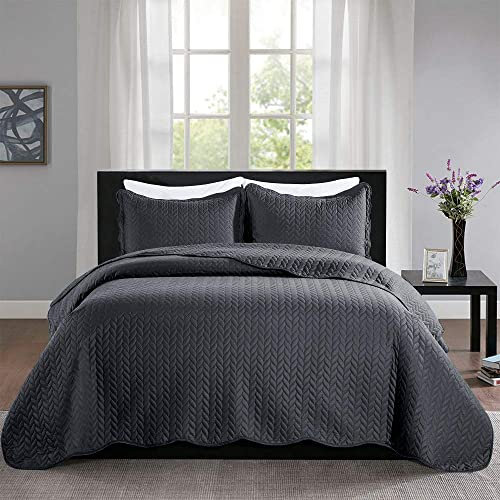 MOONLIGHT20015 Quilted Bedspread Throw Single + 2 Pillow Shams for Bedroom Decor Reversible Coverlet Embossed Quilt Bedspread with Matt Finish (Charcoal/Dark Grey, Single)