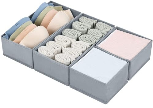 DIMJ Drawer Organisers 4 Pack Foldable Storage Box, Fabric Wardrobe Storage, Dresser Drawer Dividers Cubes for Bras, Socks, Underwear, Ties, Scarves, Cosmetics (Grey)
