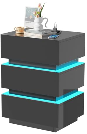 Lvechforhm Mesita de Noche con Enchufe, Mesilla de Noche Negro con Puerto USB, con Iluminación LED, Mesita de Noche LED Ajustable, con 3 Cajones
