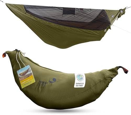 Ticket to the Moon Fallschirmhängematte Pro - Army Grün | Hängematte Outdoor mit 325 x 170 cm mit integriertem Moskitonetz, Karabinern und Ridgeline für schnellen Aufbau | Original seit 1996