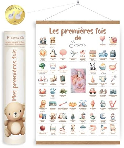 HuBorns - Poster Mis Primeras Veces para Recordar los Hitos Más Importantes de Tu Bebe, Perfecto como Regalo para Bebes Recien Nacidos, Incluye Listones de Madera para Colgar y Espacio para 1 Foto