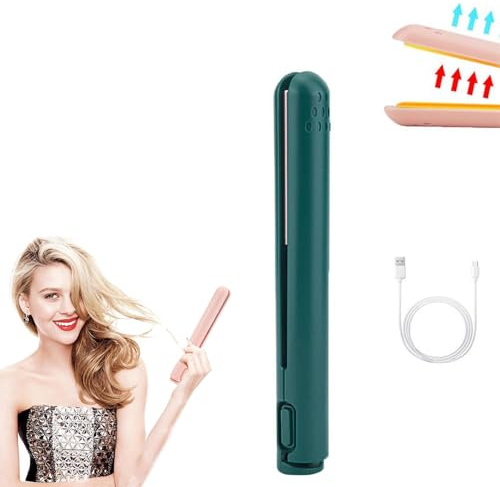 Mini rizador de pelo de doble propósito, mini rizador de pelo de cerámica, mini plancha de pelo y rizador 2 en 1, rizador de viajerizador de pelo recargable por USB para mujer (Verde)