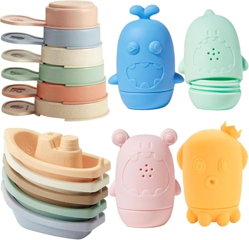Baby Bath Toys for 1 2 3 4 Year Olds Toddler Kids - 15 Pack Mould Free Silicone Bathtub Water Play Swimming Pool Toys with No Mould Floating Boats & Bath Cups for Boys Girls