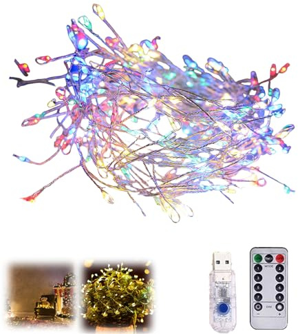 Cadena de luces de alambre de cobre, luces de hadas de petardo de alambre de cobre, luces LED parpadeantes, para bodas, fiestas, decoración de vacaciones (luz de color de línea plateada, 200 luces