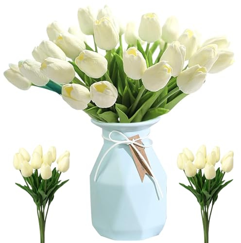 Tulipani Artificiali - 12 Pezzi Fiori Finti in Lattice con Foglie per Matrimonio, Festa, Composizioni Floreali, Bouquet da Sposa (Beige)