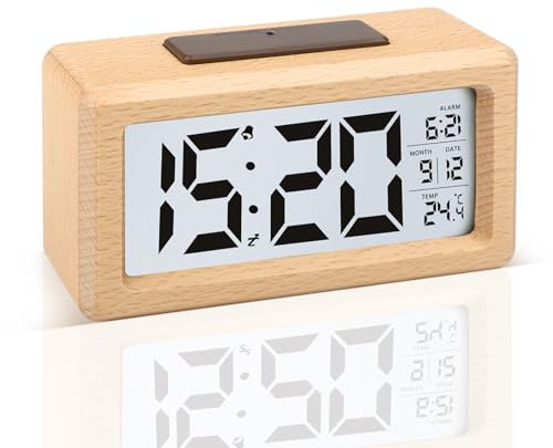 JOPHEK Reveil Numerique, Réveil Numérique en Bois LCD Horloge Digitale sans Tic-tac avec Affichage Date Température Réveil à Piles avec Fonction Snooze pour Maison Chambre (3 Piles AAA Non Incluses)