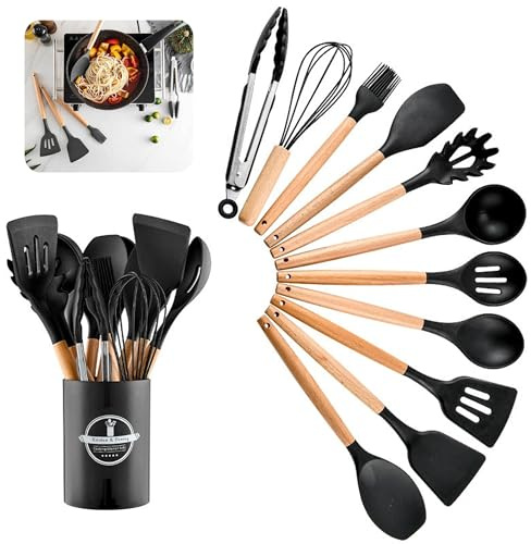 dogmoon Köksredskapsset, 12 stycken non-stick-värmebeständiga trähandtag, köksbestick med redskapshållare, kökshjälpmedel, silikonköksredskap, diskmaskinssäkra (svart)