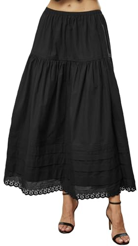 BEAUTELICATE Jupe Longue À Étages en Pur Coton Frais avec Dentelle A-Ligne Évasée Trapèze Jupe Maxi De Femme Été Ville Noir, XXL