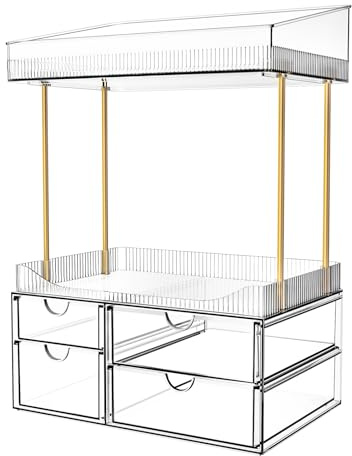 Makeup Organiser - Upgraded Transparent Perfume Organiser with 2 Shelves & 4 Drawer, Make up Storage Non-Slip Design, Skincare Drawer Organisers for Bathroom/Bedroom/Kitchen/Vanity, Clear
