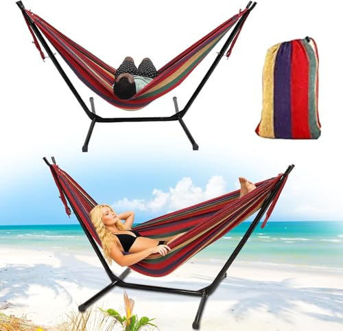 Hammock with Stand for Outside,Stable Space Saving Metal Stand 2 Person 600lbs Weight Capacity Hammock with Carrying Bag for Indoor & Outdoor, Red