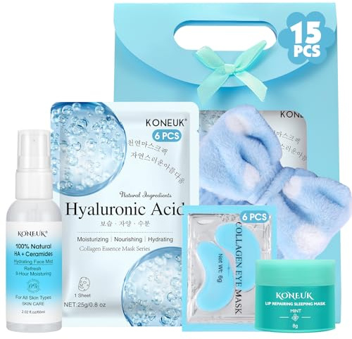 15 Pcs Skincare with Facial Mask, Eye Mask, Face Mist, Lip Mask, Headband